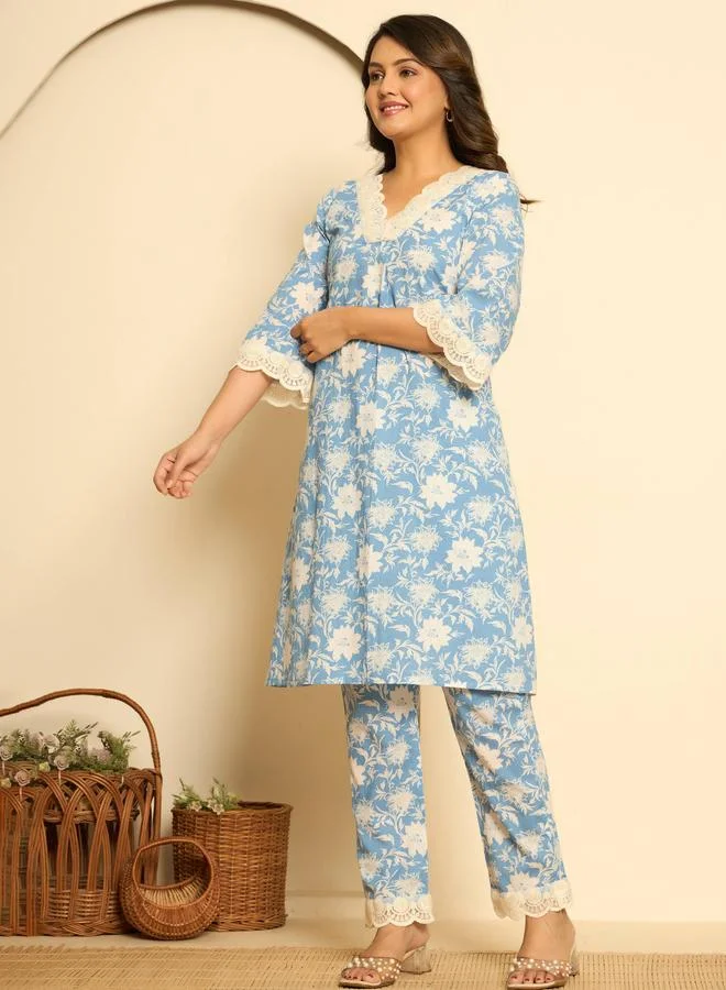 KASYA Blue Cotton Printed Co-Ord Set